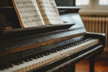 ピアノ教室に置いてあるピアノのクローズアップ「AI生成画像」