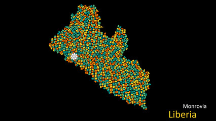 Obraz premium A map of Liberia is presented as a mosaic with a dark background, and the country's borders are outlined in the shape of a colorful mosaic, centered around the capital city.