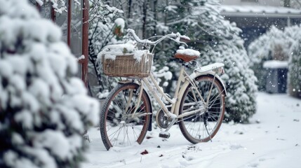 A bicycle with a basket delicately blanketed in snow rests gracefully at the bike shed - Powered by Adobe