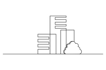 A simple black and white line drawing of city buildings with a tree in the foreground, perfect for modern designs. 