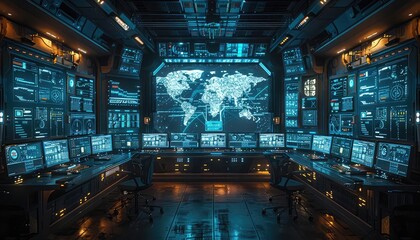 Fototapeta premium Hightech command center monitoring global connections, dynamic lighting, wide angle