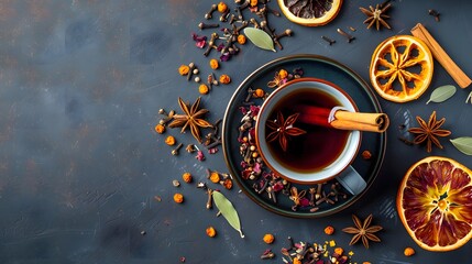 Cup of aromatic tea with spices, herbs, dried fruit orange slices. Top view.