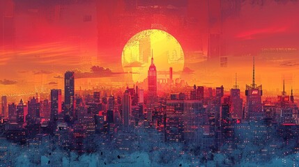 retro cityscape art, retro pop art cityscape illustration with skyscrapers and office buildings, ideal for corporate presentations and projects