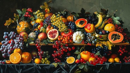 Lush still life of assorted colorful fruits on vintage background