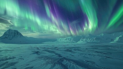 Aurora Borealis, high dynamic range, vibrant emerald and violet arches, barren tundra foreground...