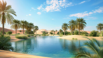 Obraz premium Oasis in the heart of a desert, Vibrant palm trees and a clear blue pond, Sand dunes under the hot sun