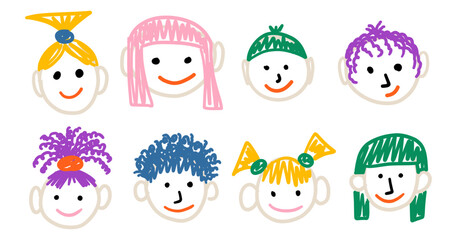 Kids portraits drawings set. Collection freehand baby drawn elements. Child funny human doodle faces. Hand drawing colorful scribble. Vector illustration isolated on white background