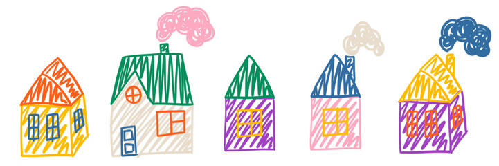 Kids house doodle drawings set. Collection freehand child baby drawn elements. Hand drawing home building scribble. Vector illustration isolated on white background