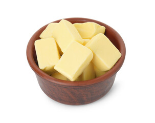 Tasty butter cubes in bowl isolated on white