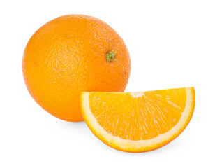 Whole and cut fresh oranges isolated on white