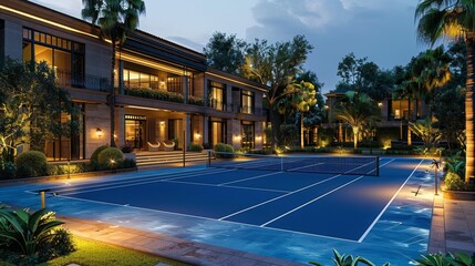 elite tennis facility, luxury club offers top-notch tennis court with premium lighting for evening matches, catering to exclusive members