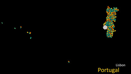 A map of Portugal is presented as a mosaic with a dark background, and the country's borders are outlined in the shape of a colorful mosaic, centered around the capital city.