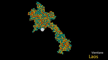 A map of Laos is presented as a mosaic with a dark background, and the country's borders are outlined in the shape of a colorful mosaic, centered around the capital city.
