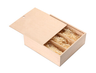 Open wooden wine box with straw isolated on white