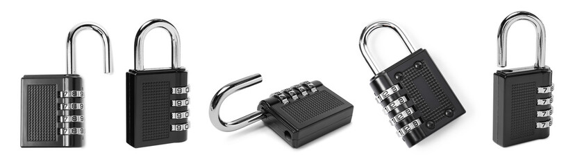 Steel combination padlock isolated on white, different sides. Set