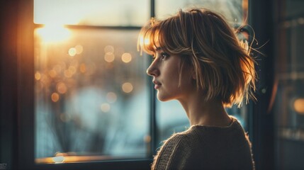 Young woman looking out the window at sunset. Girl in a sweater