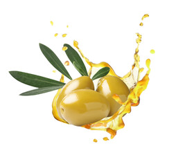 Olives and leaves with cooking oil splash on white background