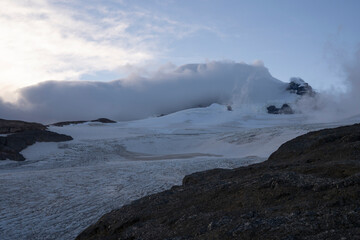 Alpine landscape. View of Tronador hill and Castaño Overo glacier ice field at sunrise in the Andes cordillera, Patagonia Argentina.	
