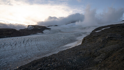 Alpine landscape. View of Tronador hill and Castaño Overo glacier ice field at sunrise in the Andes cordillera, Patagonia Argentina.	