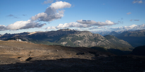 The Andes cordillera. View of the mountains, Tronador hill and a wooden refuge for climbers, high in the alps