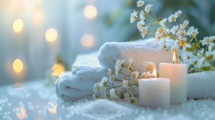 white towels next to lit candles with flowers and space for copy space, spa concept, work