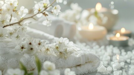 white towels next to lit candles with flowers and space for copy space, spa concept, work, relaxation, massage, happiness, healthy, harmonious, aroma