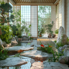 Tranquil Zen Garden Room with Koi Pond and Stone Pathways