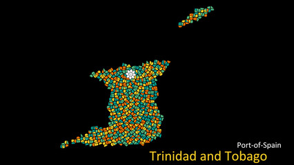 Obraz premium A map of Trinidad and Tobago is presented as a mosaic with a dark background, and the country's borders are outlined in the shape of a colorful mosaic, centered around the capital city.