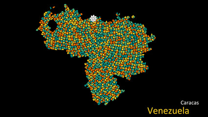Obraz premium A map of Venezuela is presented as a mosaic with a dark background, and the country's borders are outlined in the shape of a colorful mosaic, centered around the capital city.