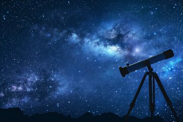 Telescope pointed at starry night sky