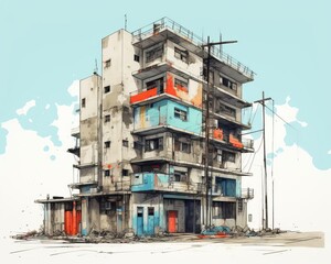 Obraz premium Raw urban exploration flat design front view abandoned spaces theme water color Triadic Color Scheme