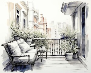 Tiny balcony decor flat design front view optimized outdoor area theme water color black and white