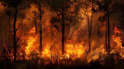 Forest fire with trees on fire.