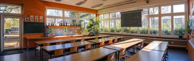Fototapeta na wymiar Shortage of Teachers in German Schools: Empty Classroom with Blackboard, Teacher's Desk with Raised Chair, and Sign 'Cancelled'