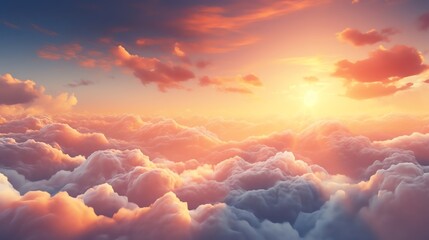 High resolution image of a vibrant sky, featuring fluffy clouds illuminated by golden hour light, perfect for atmospheric and inspirational themes.