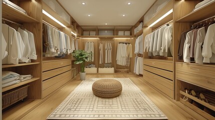 Spacious Walk-in Closet with Clothing Shelves and Hangers for Fashion Outfits and Storage Organizers at Home or Bedroom Decor