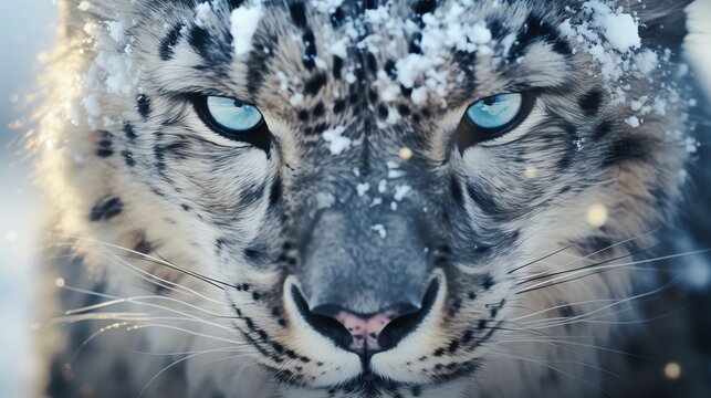 Intense closeup of a snow leopard s face, eyes glaring fiercely at the camera, set against a blurred snowy background in the wild.