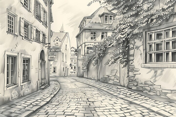sketch of a charming cobbled street in a European city