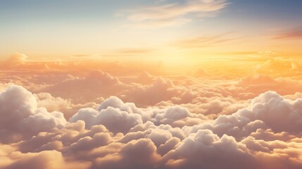 Majestic overhead view of fluffy clouds under the golden light of sunset, ideal for use in travel and lifestyle advertising.