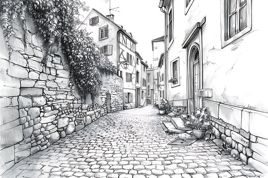 sketch of a charming cobbled street in a European city
