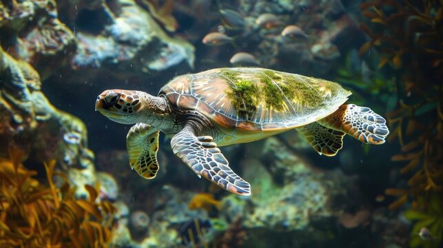 A graceful turtle elegantly swims through the vibrant waters of the Texas State Aquarium in Corpus Christi