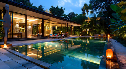 A luxurious poolside at night