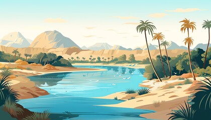 Nile river journey flat design top view Egypt mythology theme water color Tetradic color scheme.