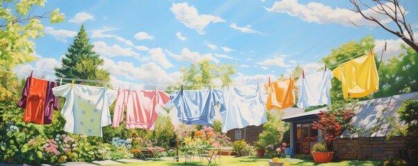 Outdoor backyard scene with a clothesline full of colorful garments fluttering in the gentle breeze, with a clear blue sky in the background.