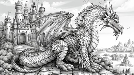 fantasy coloring book, explore a thrilling coloring adventure with brave knights riding on horseback, majestic castles, and fierce dragons breathing fire on the kingdom coloring page