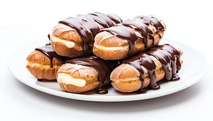 Stack of chocolate eclairs on a clean white plate, isolated against a white background with ample space for text.