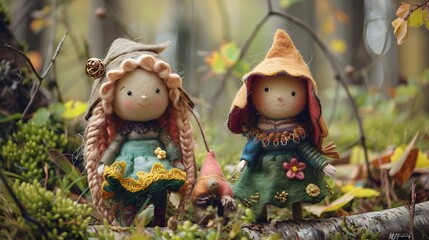 Girl friend dolls are standing in the forest, their outfits are in different colors. Toys made of wool by felting technology. Fairy-tale character. Handmade. Design for cover, card, postcard