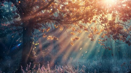 Obraz premium Foggy sunrise in the forest. Autumn landscape with sun rays
