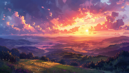 illustration of the bright colors of a sunset painting the sky over the hills
