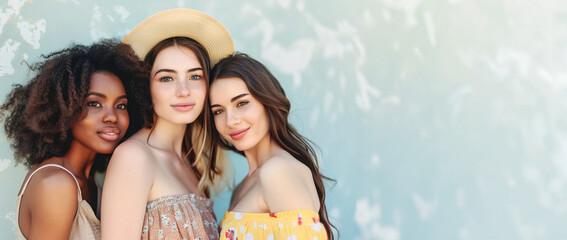 Obraz premium Three young women posing together against light blue wall background with copy space. Summer vibes concept